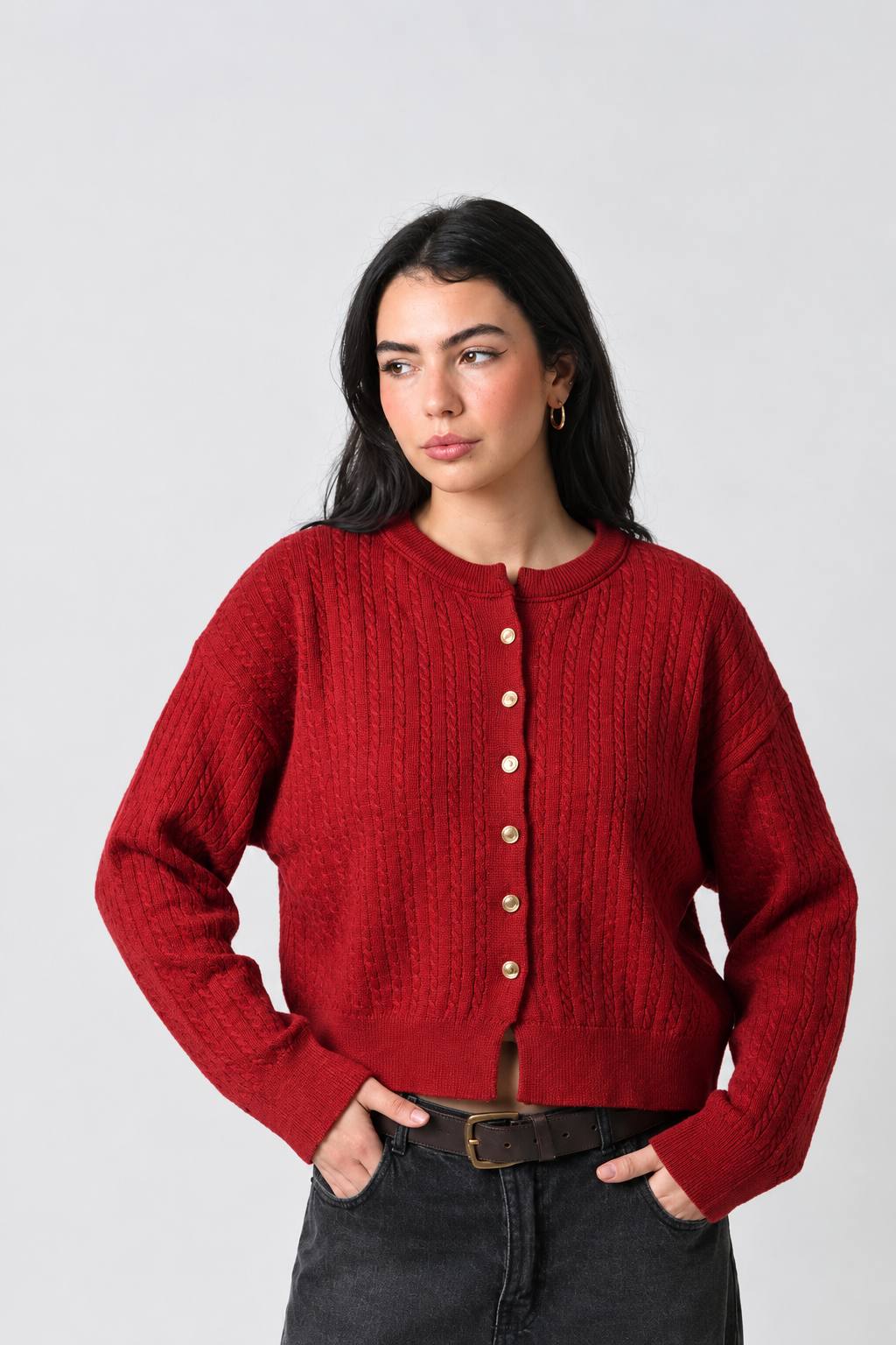 Red Cable Knit Cardigan