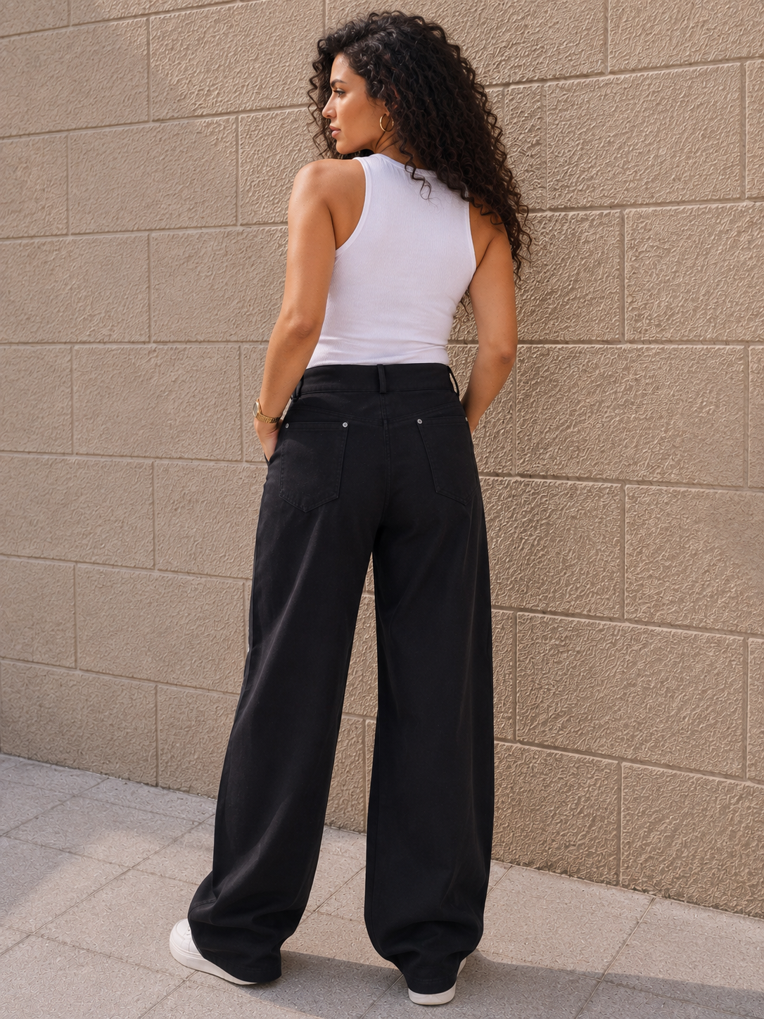 Black Wide-Leg Gabardine Jeans