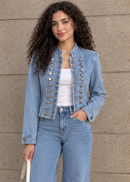 Light Blue Military Button Denim Jacket