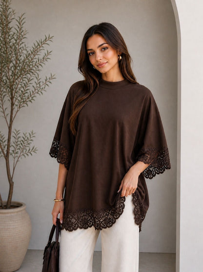 Brown Lace Panel Open Back T-Shirt