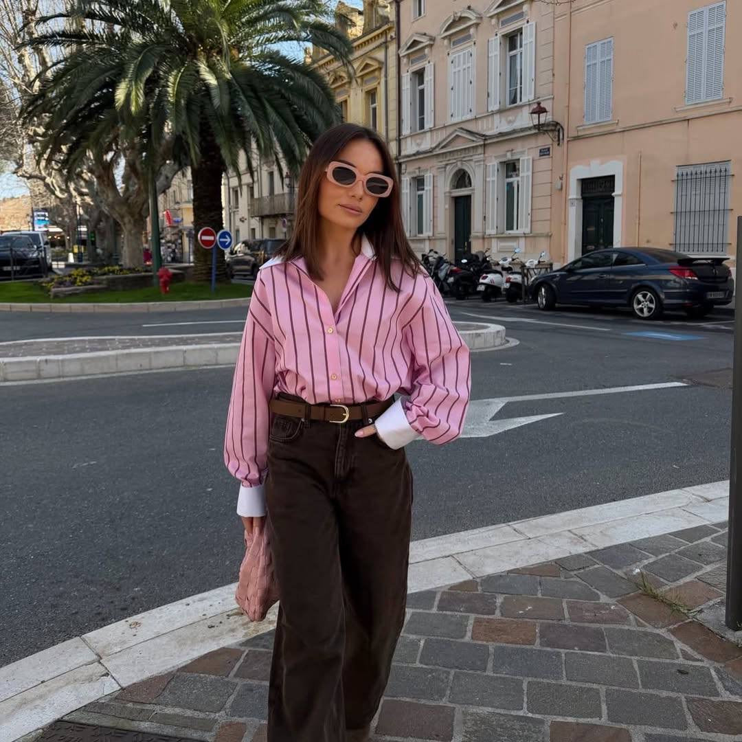 Pink Striped Contrast Collar Shirt