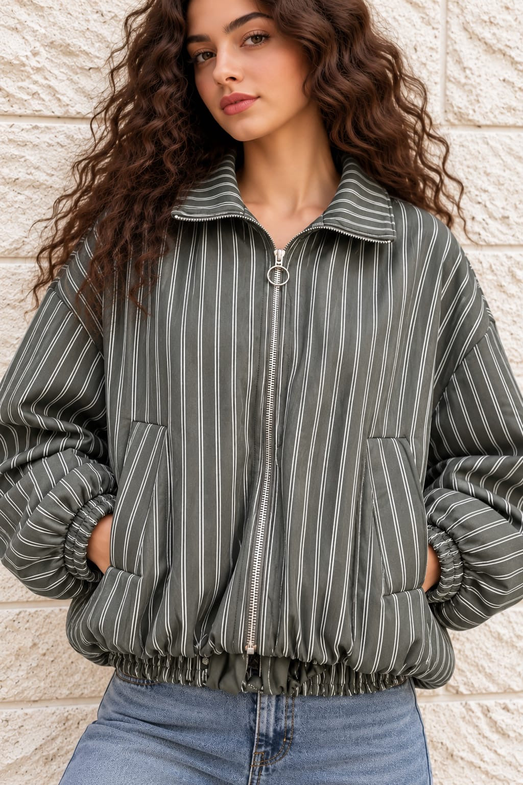 Olive Pinstripe Zip-Up Jacket
