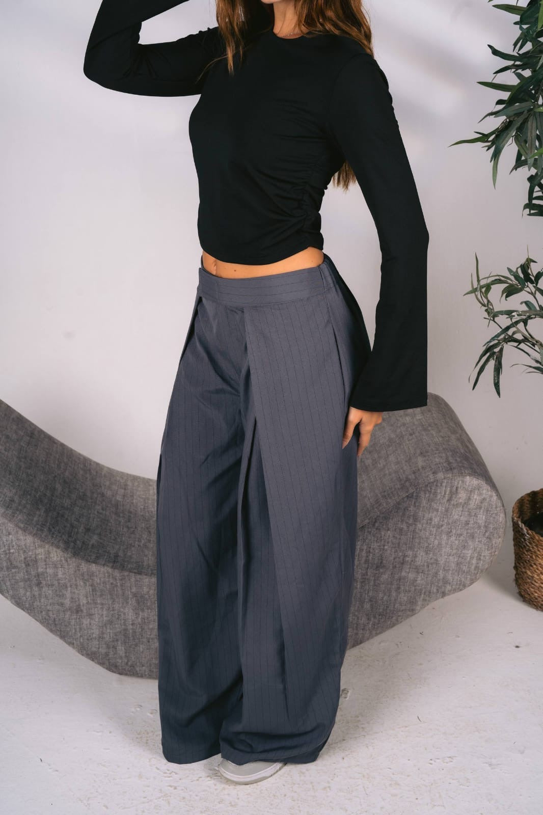 Wide leg grey stripped tailored pants free size 60-80kgs