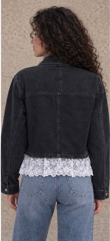 Lace Trim Black Denim Jacket