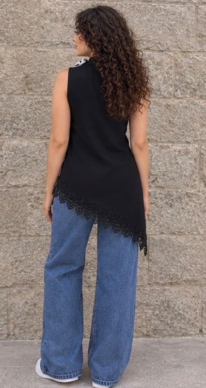 Black Guipure Scarf Top