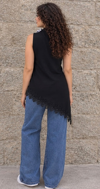 Black Guipure Scarf Top