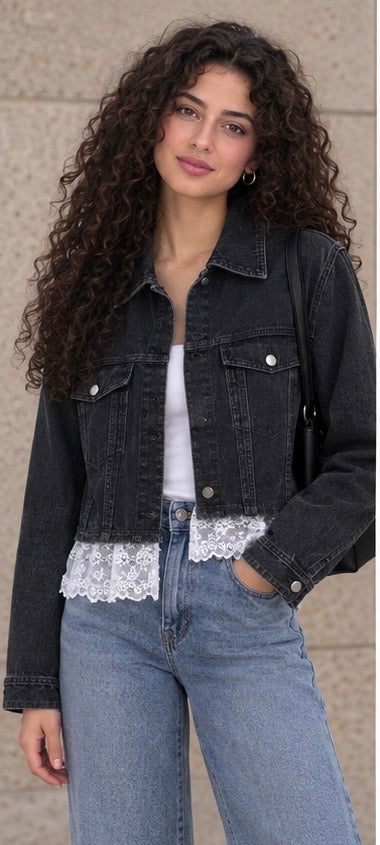 Lace Trim Black Denim Jacket