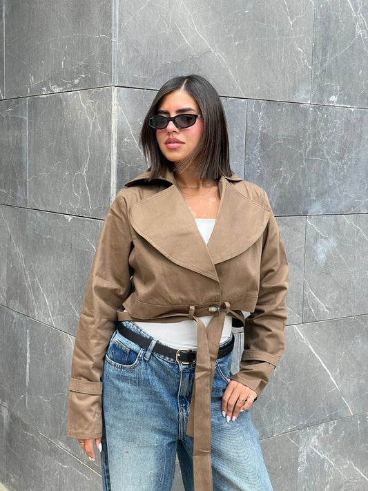 Dark beige cropped belt-tie trench jacket