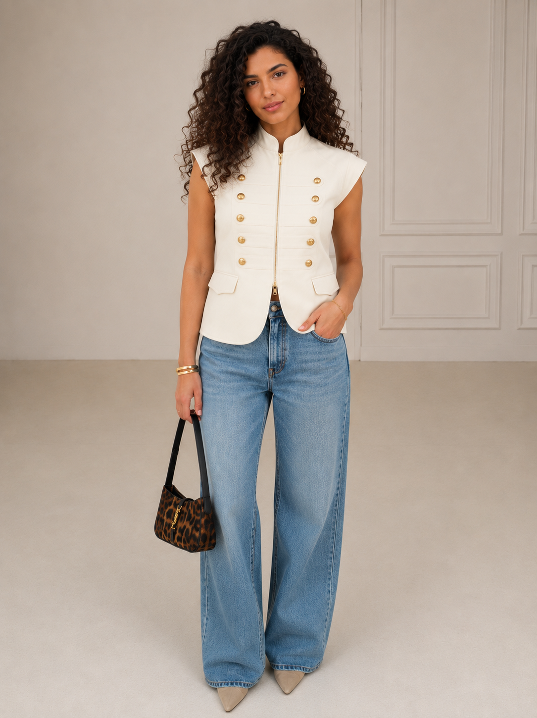 VAVA off white Gold Button Zip Vest