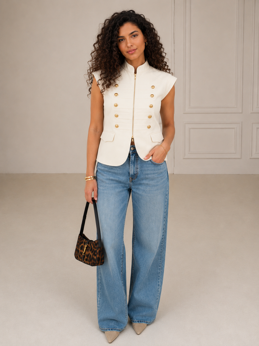 VAVA off white Gold Button Zip Vest