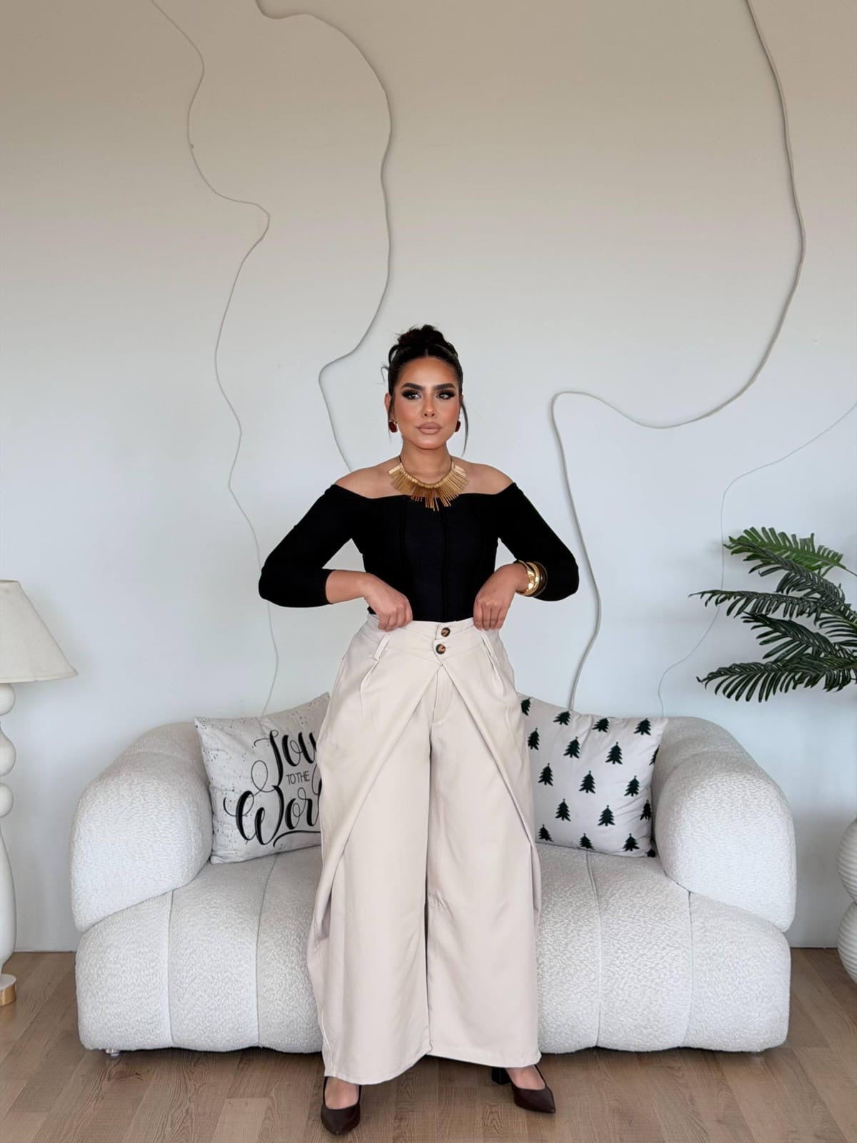 Beige Wrapped-Wide leg pants