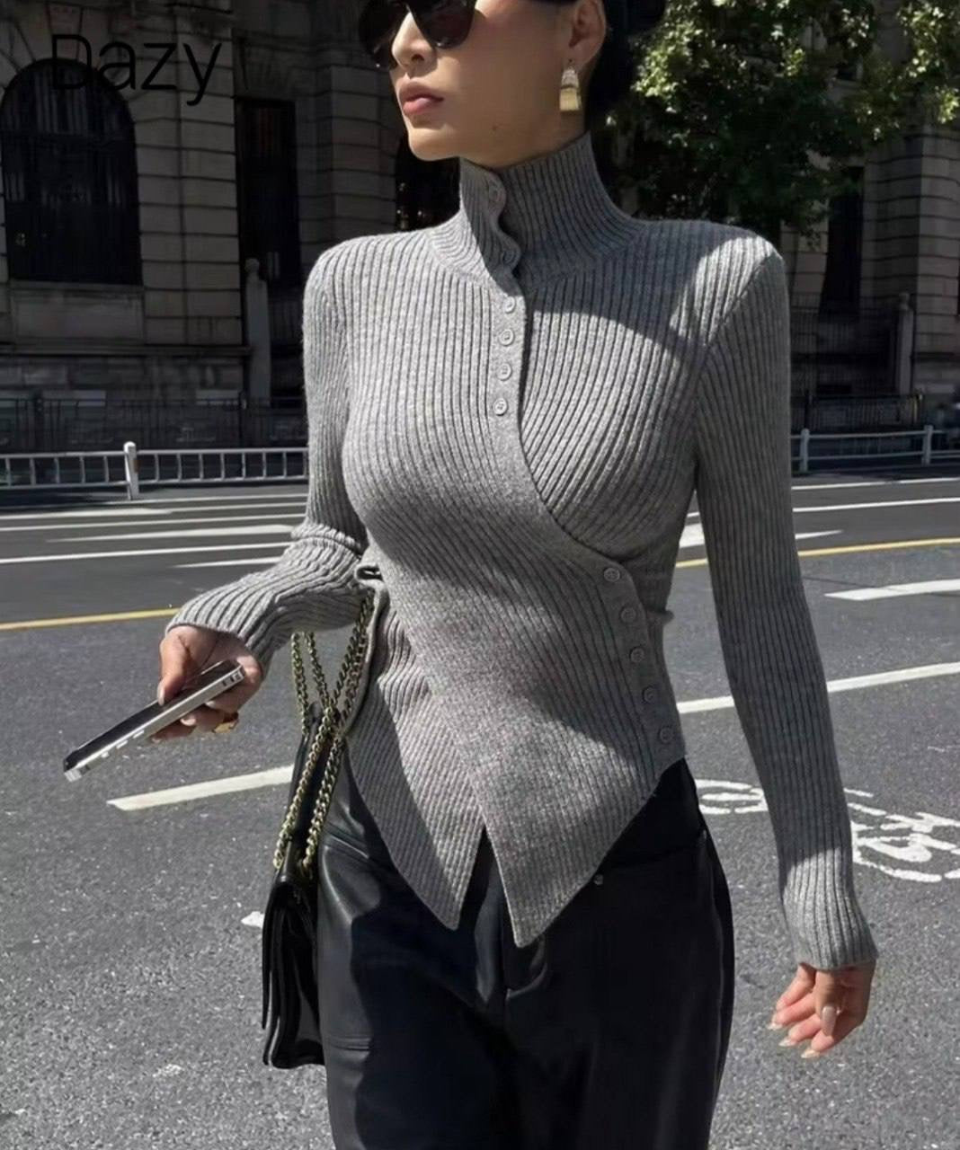 Gray Ribbed Asymmetrical Button-Up Sweater