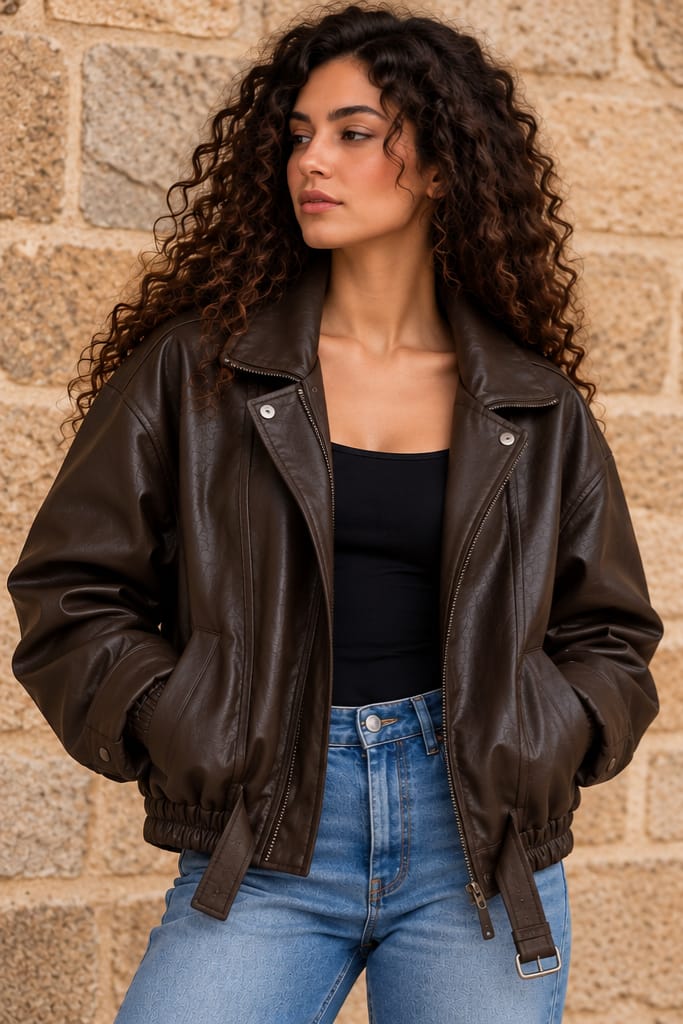 Dark Brown Leather Bomber Jacket