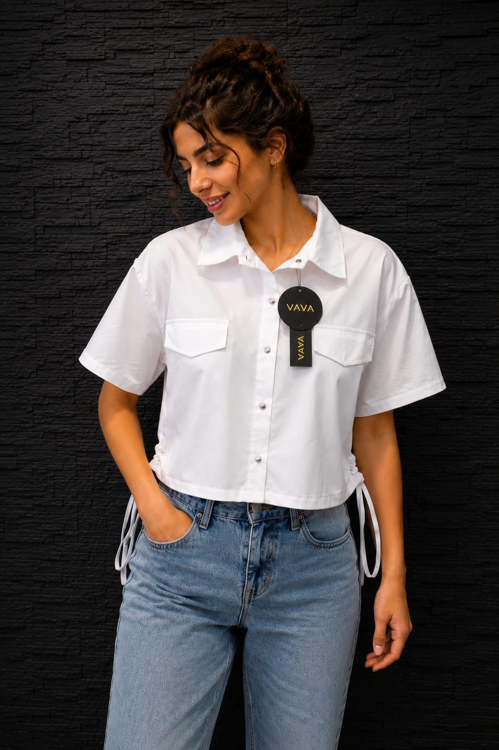White Classic Drawstring Crop Shirt