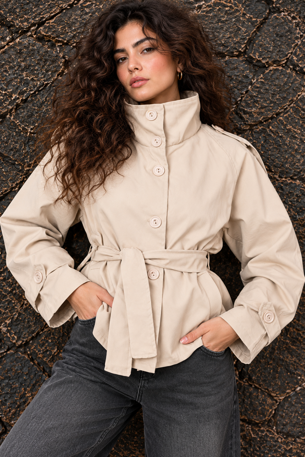 Beige Belted Trench Jacket