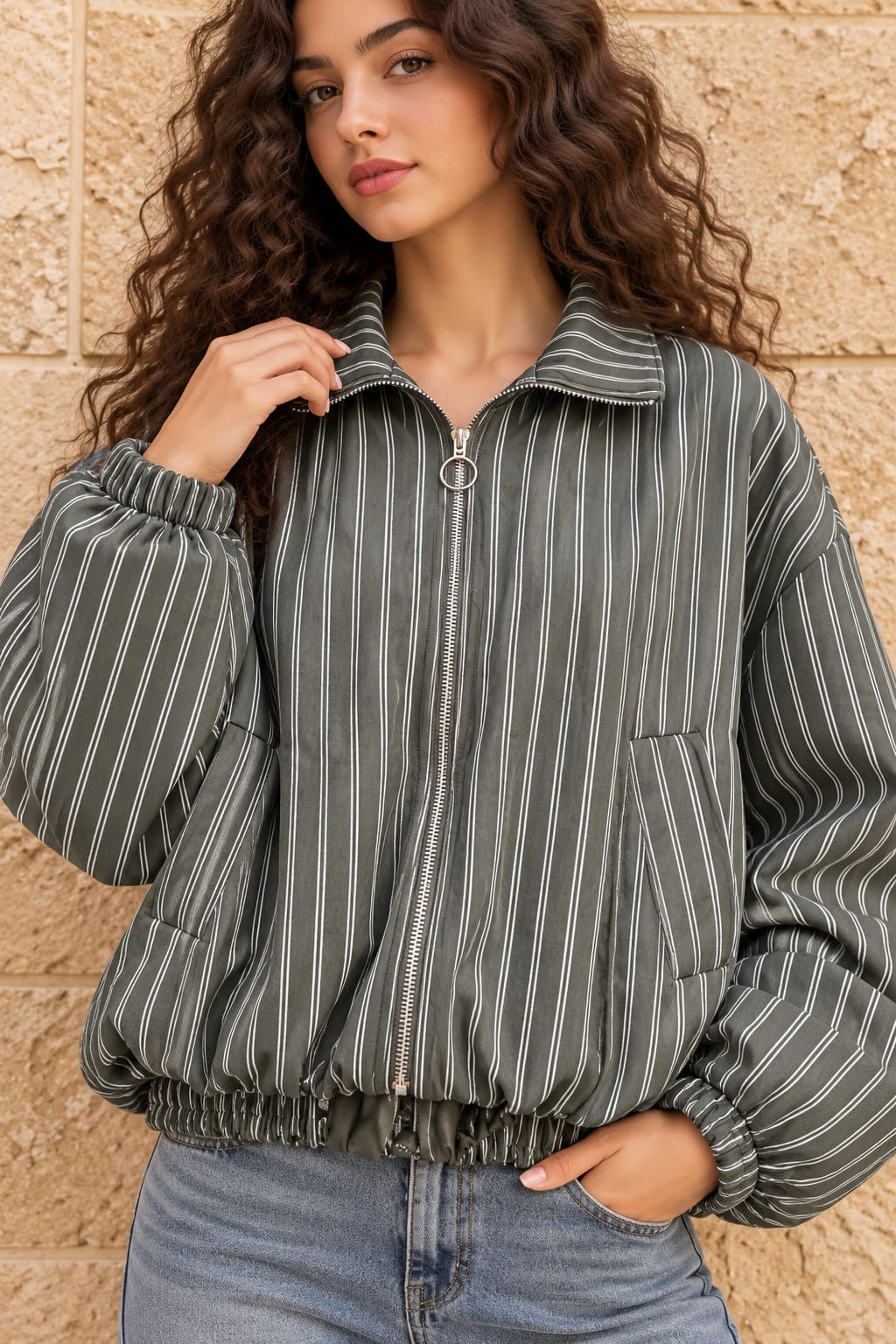 Olive Pinstripe Zip-Up Jacket