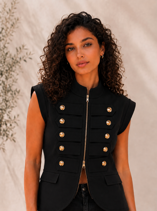 VAVA Black Gold Button Zip Vest