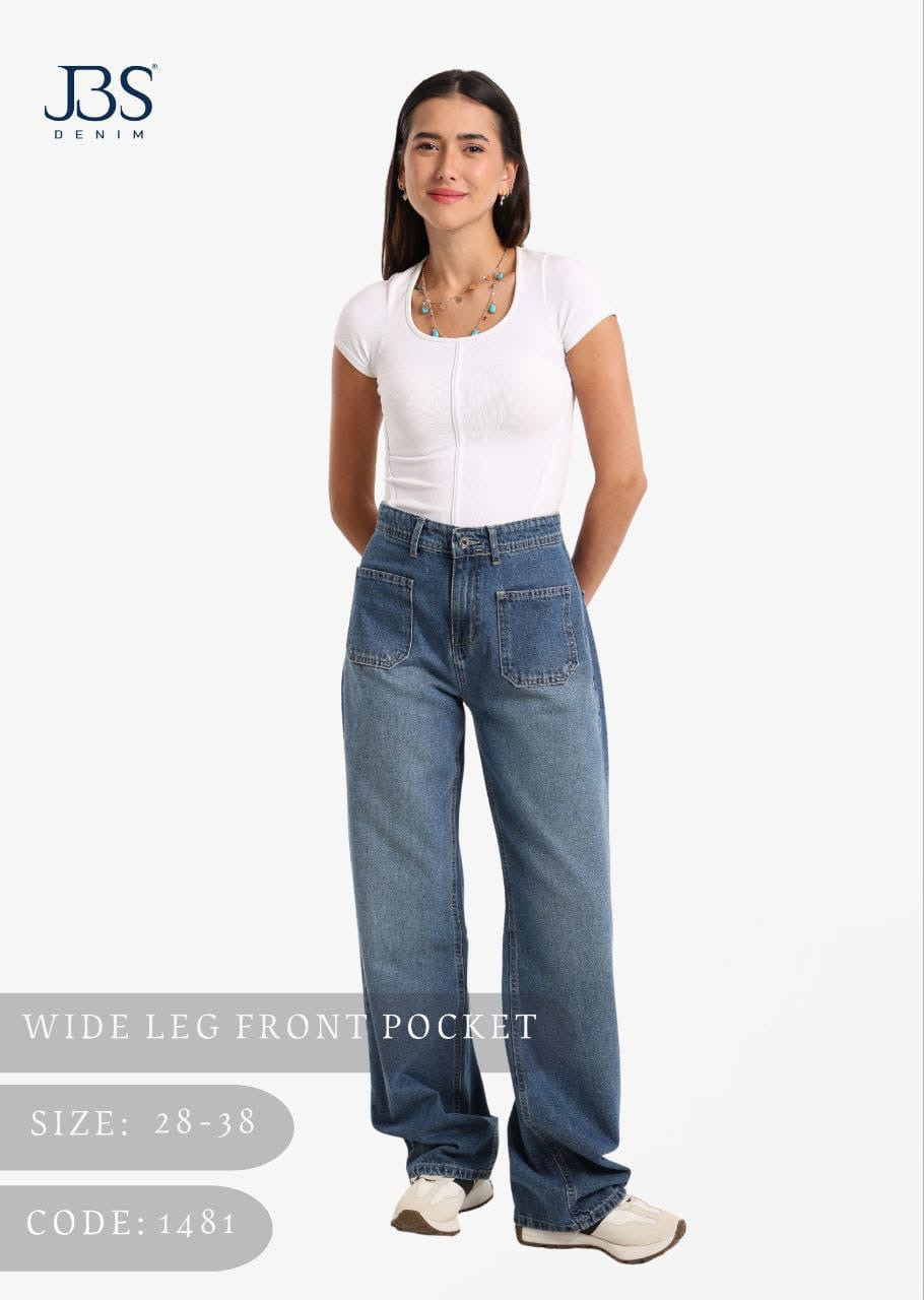 Light blue washed wide leg front pocket jeans