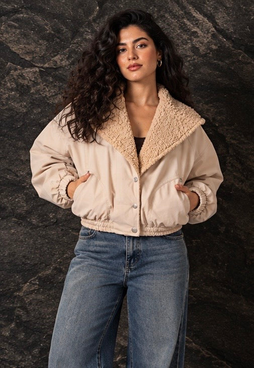 Beige Sherpa-Lined Bomber Jacket