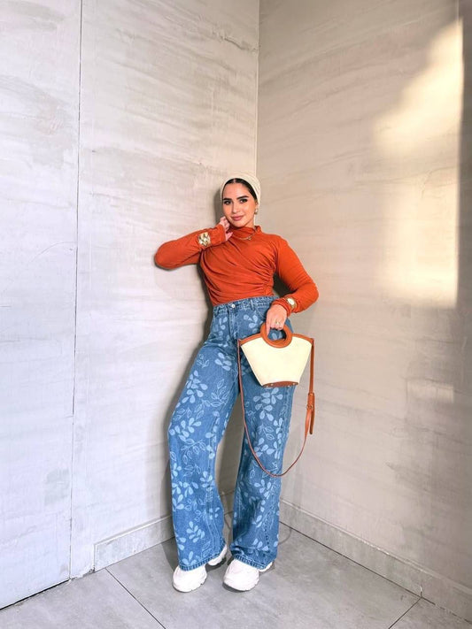 Wide leg laser leaves blue jeans