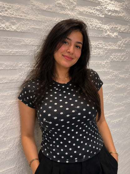 Black Polka Dot Cotton Blend Fitted Top