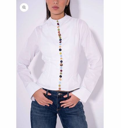 Multi-Button High Neck Poplin Shirt