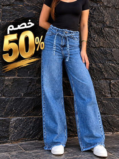 straight blue jeans with belt straps