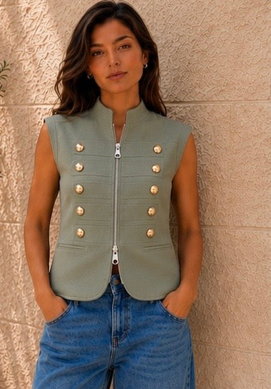 VAVA Olive Gold Button Zip Vest
