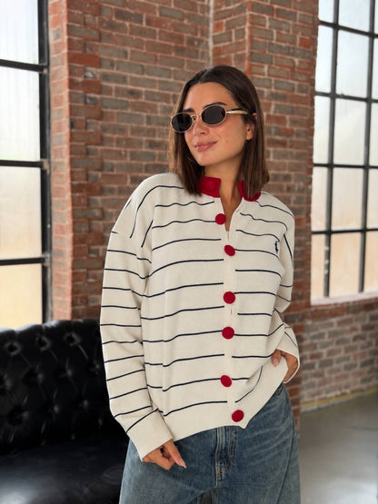 Red Button Striped Cardigan – Off White