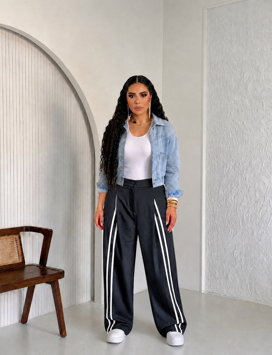 Black Wide Leg Pants with Double Side Stripes