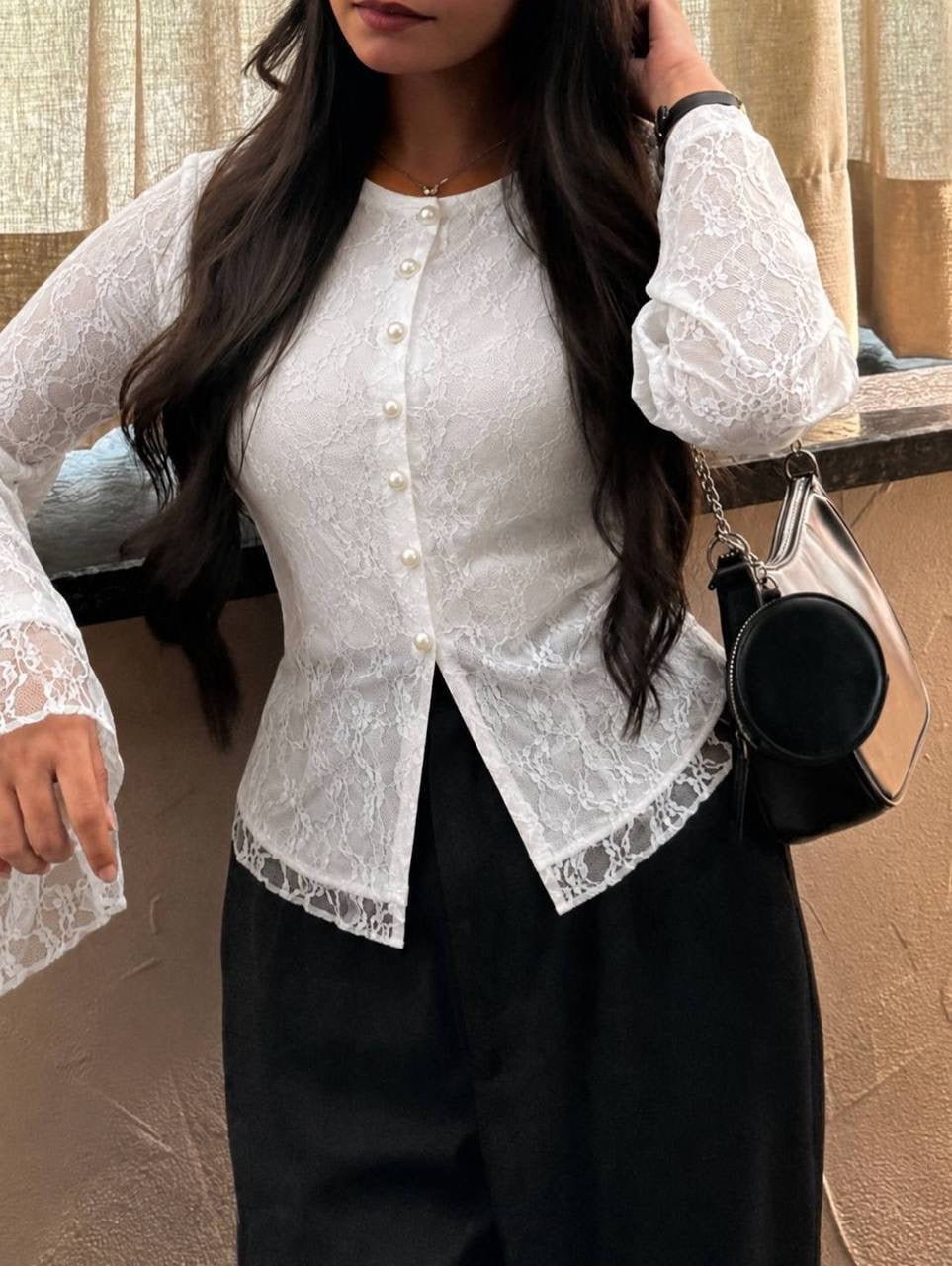 Elegant Lace Trim Button Blouse