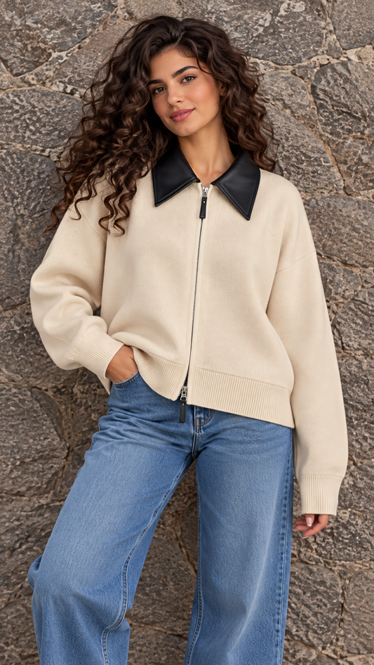 Beige Zip-Up Knit Sweater with Black Leather Collar