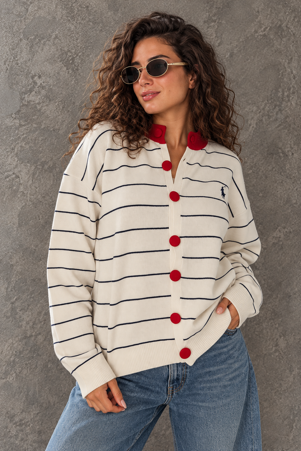 Red Button Striped Cardigan – Off White
