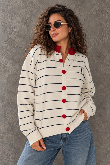 Red Button Striped Cardigan – Off White