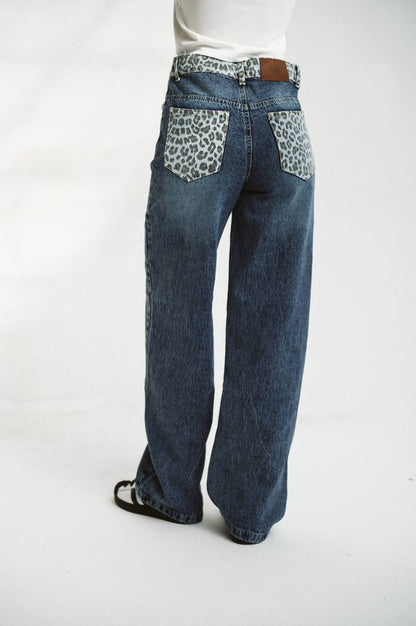 White leopard straight blue jeans