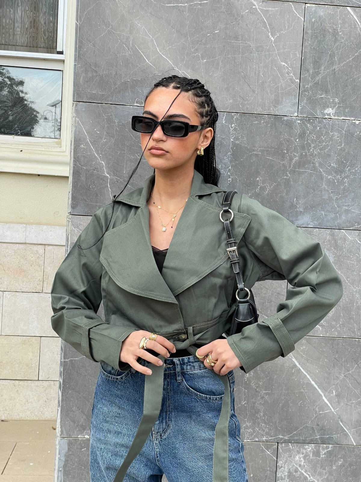 Olive cropped belt-tie trench jacket