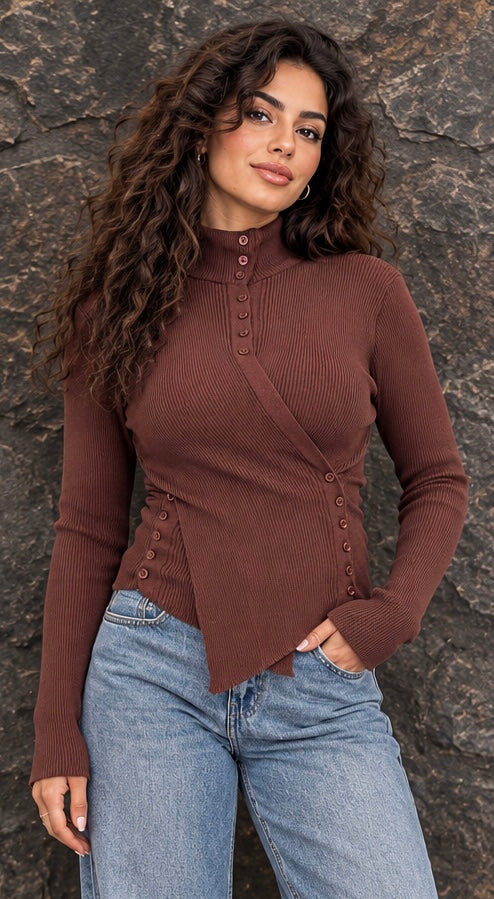 Rust Brown Asymmetrical Button Ribbed Top