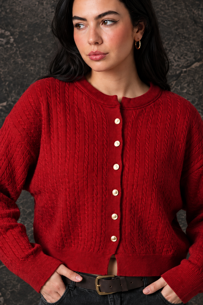 Red Cable Knit Cardigan