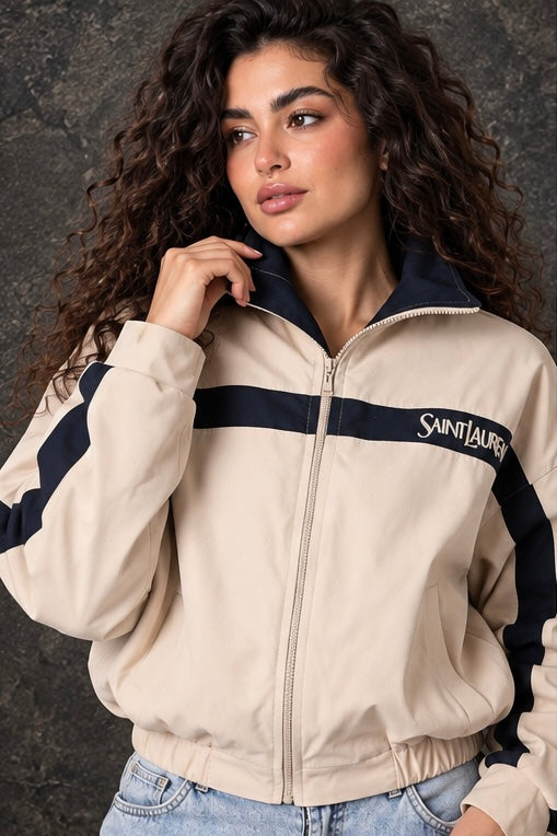 Beige & Navy Contrast Stripe Jacket