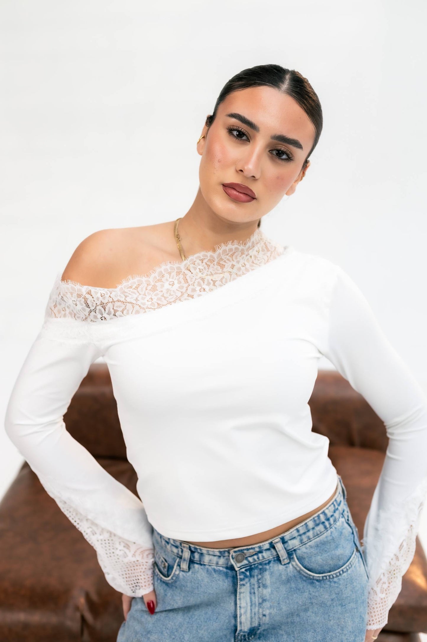 White long sleeve off shoulder top