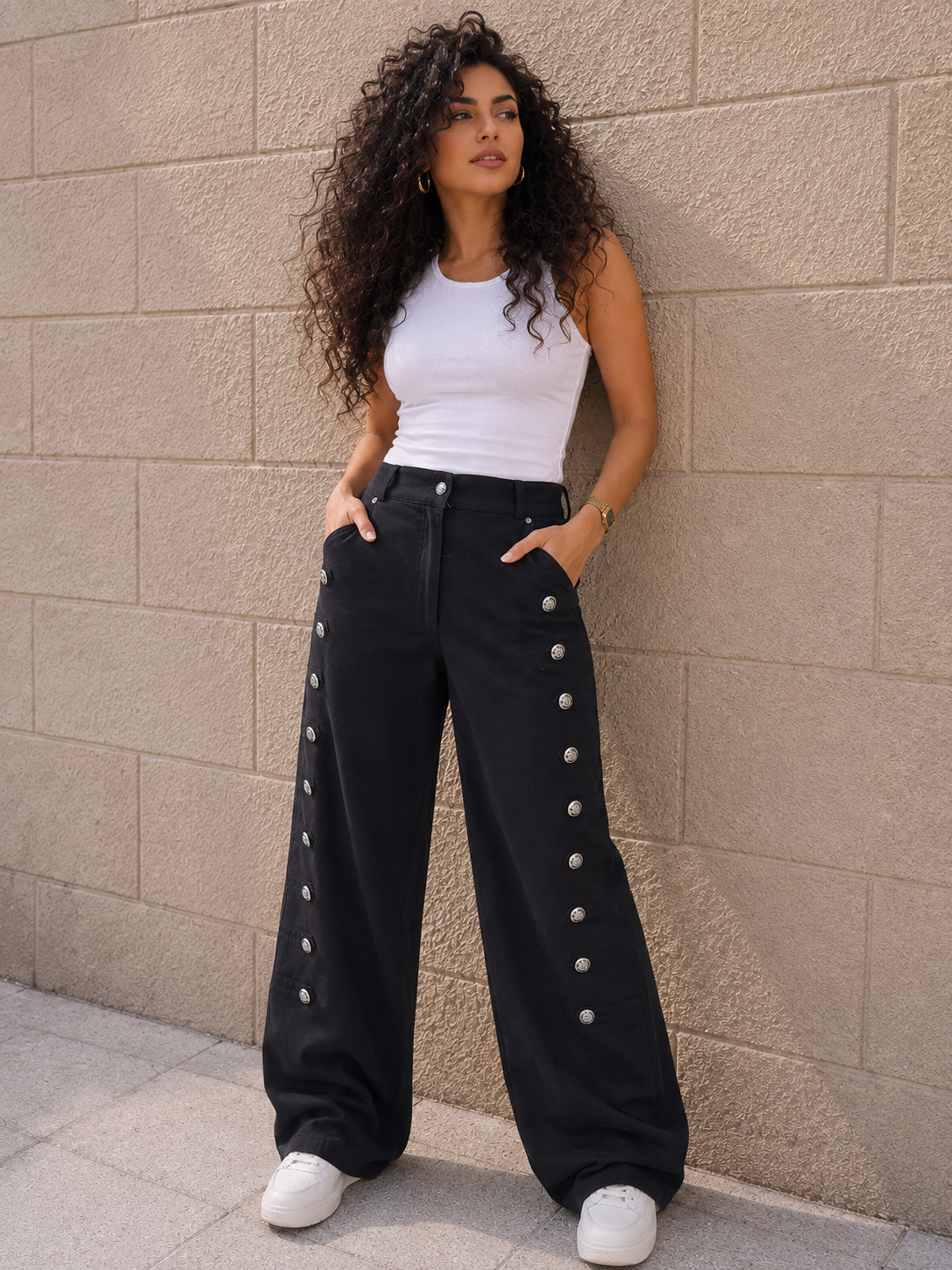 Black Wide-Leg Gabardine Jeans