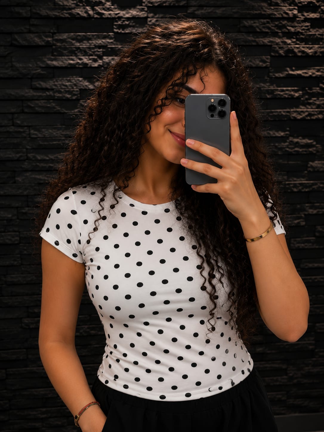 White Polka Dot Cotton Blend Fitted Top