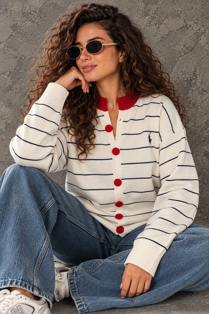 Red Button Striped Cardigan – Off White