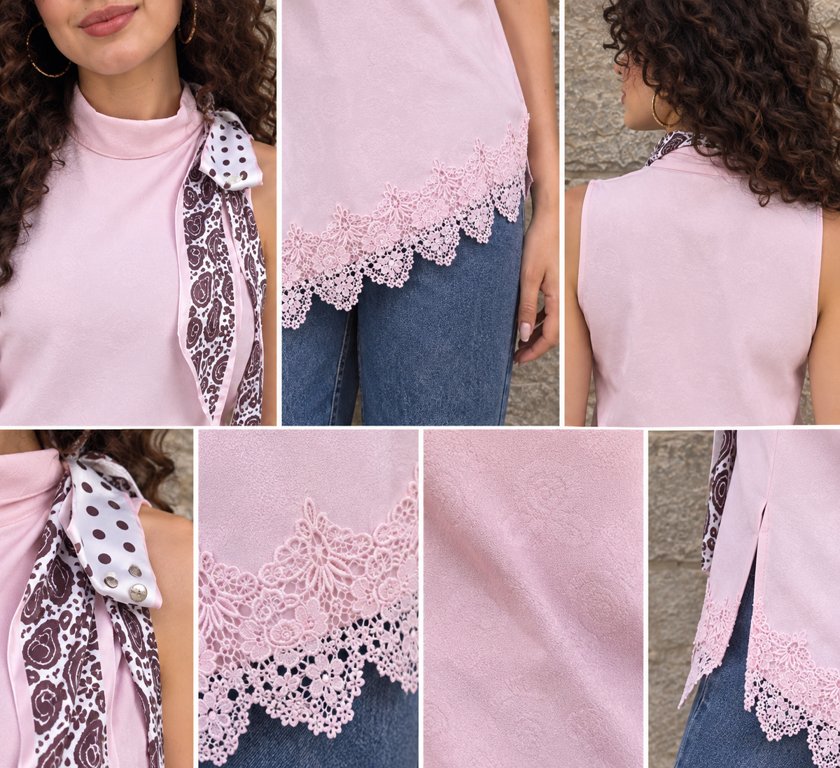 Pink Guipure Scarf Top