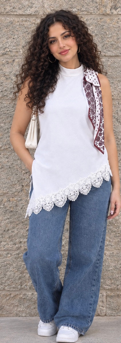 White Guipure Scarf Top