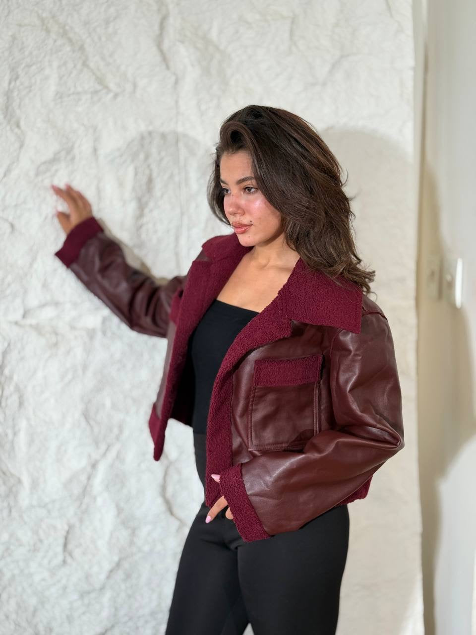 Burgundy wool and leather jacker one size for all