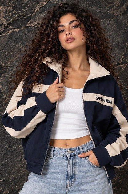 Navy Blue Contrast Stripe Zip-Up Jacket