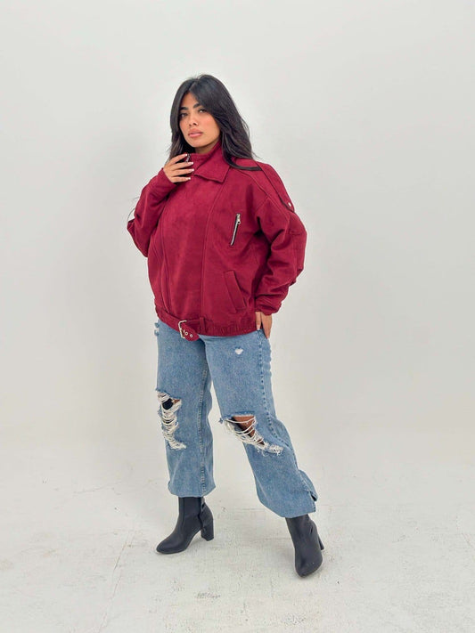 Bright red jacket on size