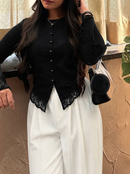 Elegant Lace Trim Button Blouse
