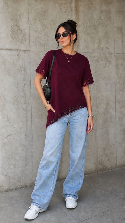 Burgundy Asymmetric Lace Hem Tee